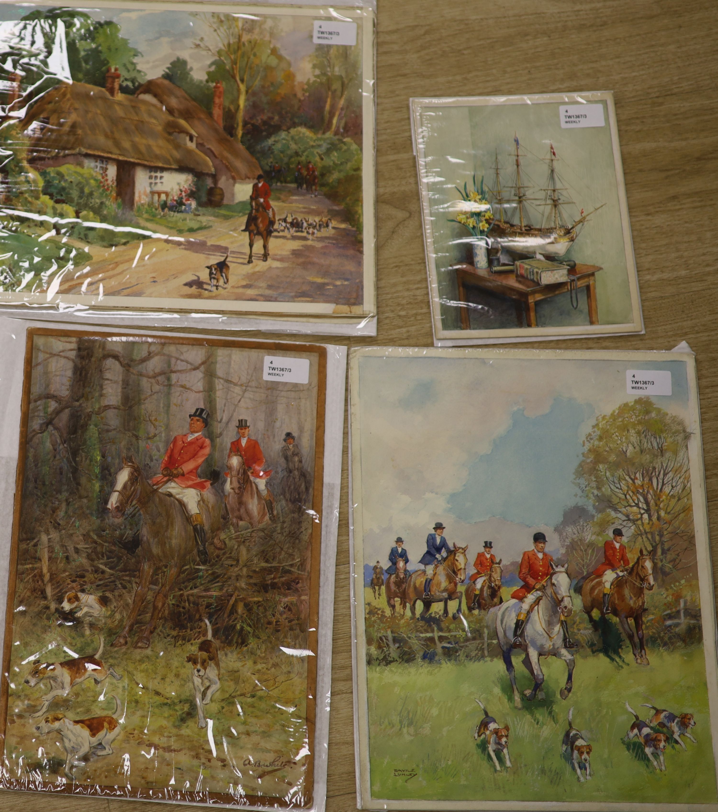 Savile Lumley (20th century), still life of a model ship and another watercolour of huntsmen and hounds and two other hunting scenes